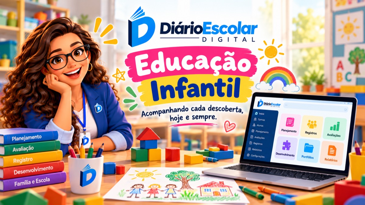 Ilustração de uma professora sorridente numa sala de Educação Infantil, com brinquedos, desenhos e o Diário Escolar Digital aberto no notebook