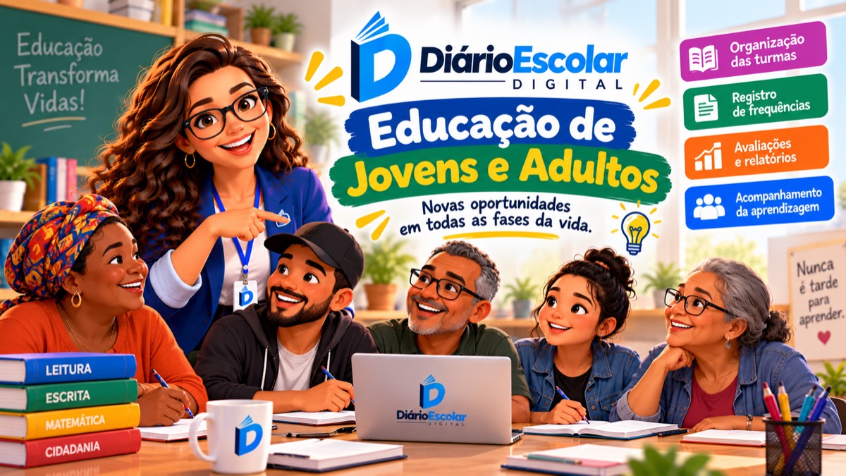 Ilustração de uma professora com estudantes jovens e adultos de várias idades em sala de aula, com o Diário Escolar Digital no notebook
